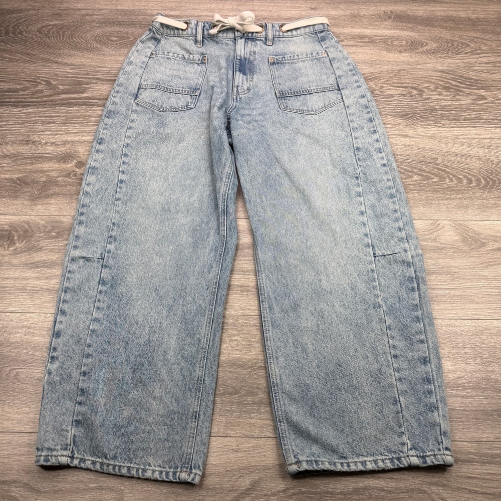 Forever 21 Jeans Women 31 Blue Baggy Wide Leg Drawstring Light Wash Skater 90s